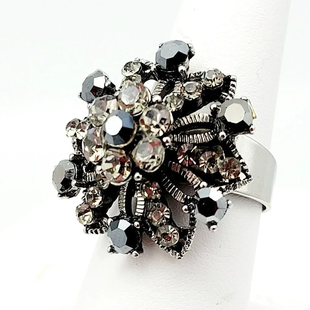 Rhinestone Burst Bypass Ring Adjustable One Size Silver Tone Smoky Stones EUC